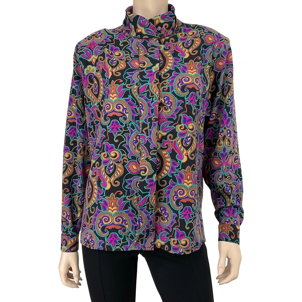 Alyssa Carr Blouse Women 14 Multi Color Paisley Vintage Long Sleeve Button